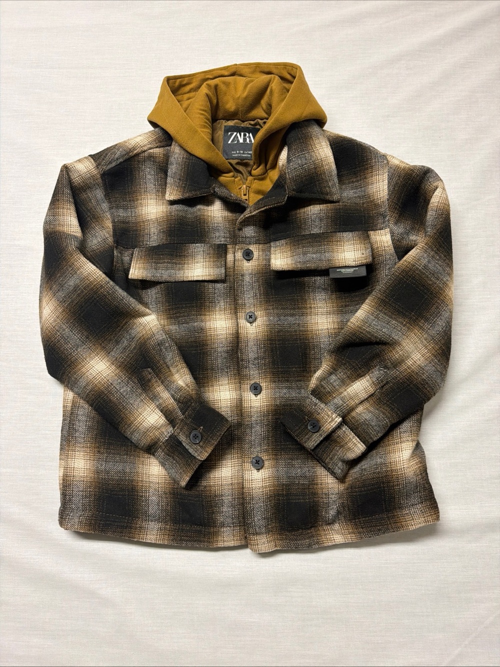 ZARA Kids Plaid Hooded Shacket Jacket in Brown Size 9-10